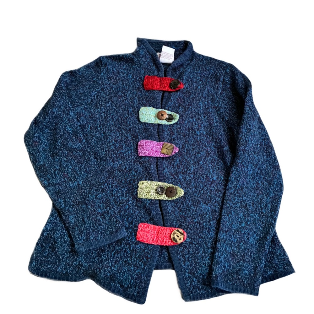 PBJ Sport Cardigan Sweater w/ Whimsical Button Snaps, Sz. M, Drk Blue/Red Flecks
